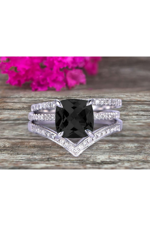 Stunning Cushion Cut Black Diamond Moissanite Engagement Ring On 10k White Gold V Shape Wedding Band 3pcs Wedding Ring Set Total Carat Weight 2.80