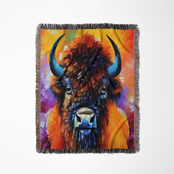 Stunning Digital Painting Of An American Bison, Orange And Purple, Woven Blanket
