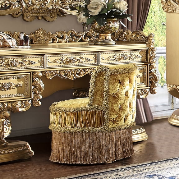 Stunning Gold Vanity Stool With Button Tufting - Elegant Gorgeous For Bedroom Comfort