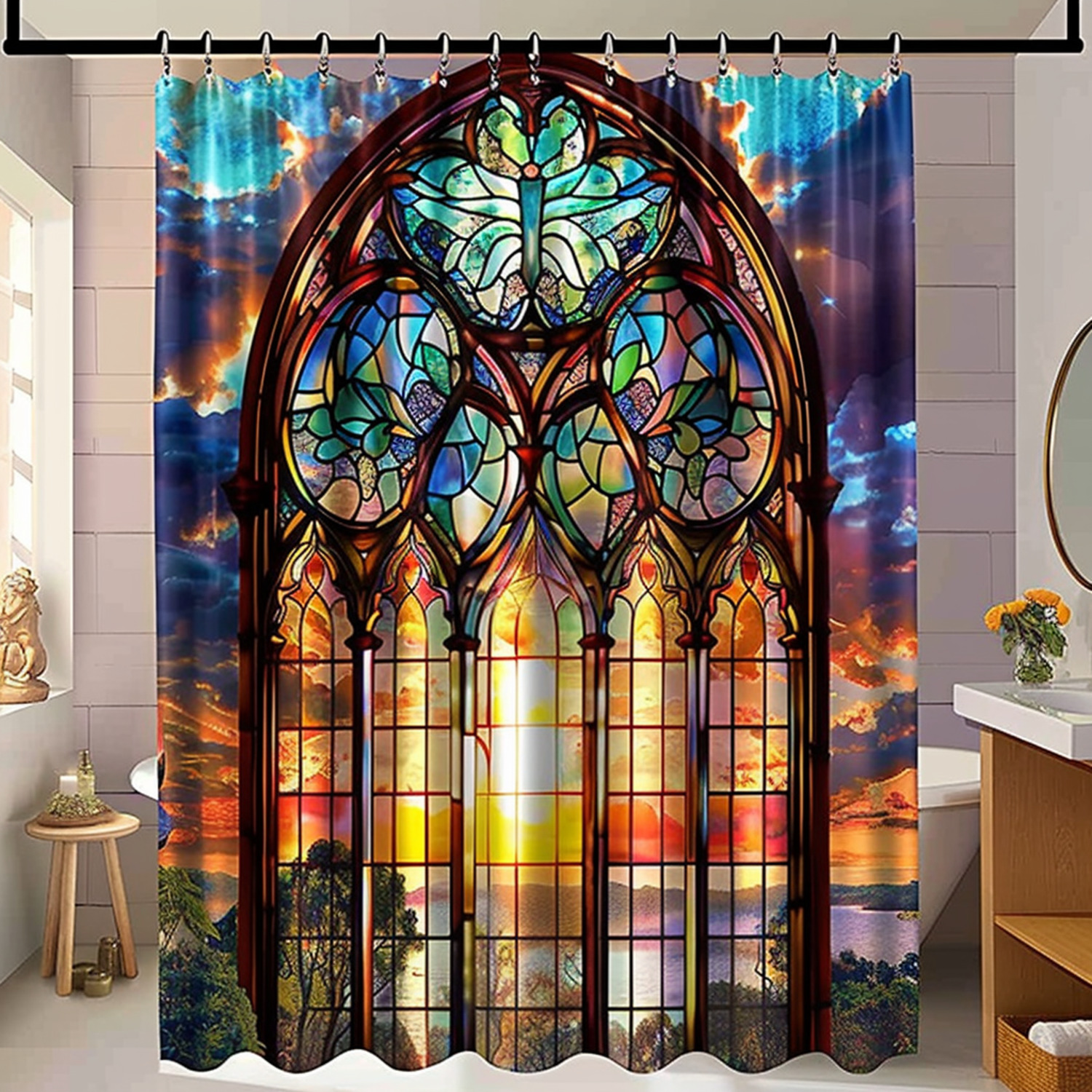 Stunning Gothic Stained Glass Shower Curtain Transform Your Bathroom