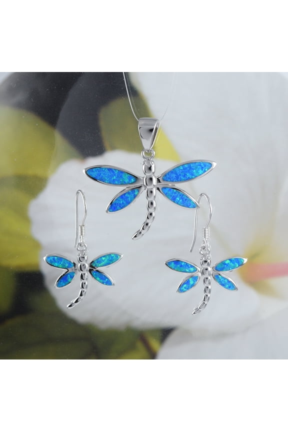 Stunning Hawaiian Large Blue Opal Dragonfly Necklace and Earring, Sterling Silver Opal Dragonfly Pendant N6147S Birthday Valentine Mom Gift