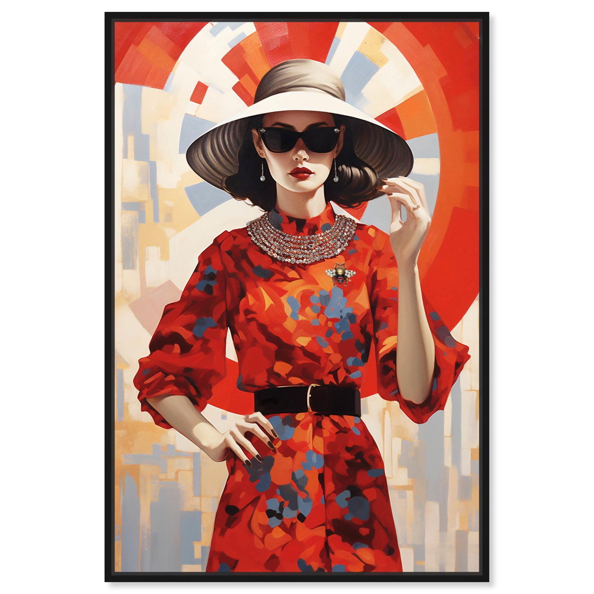 Retro Red and Black Canvas Art Print with Chic Frame