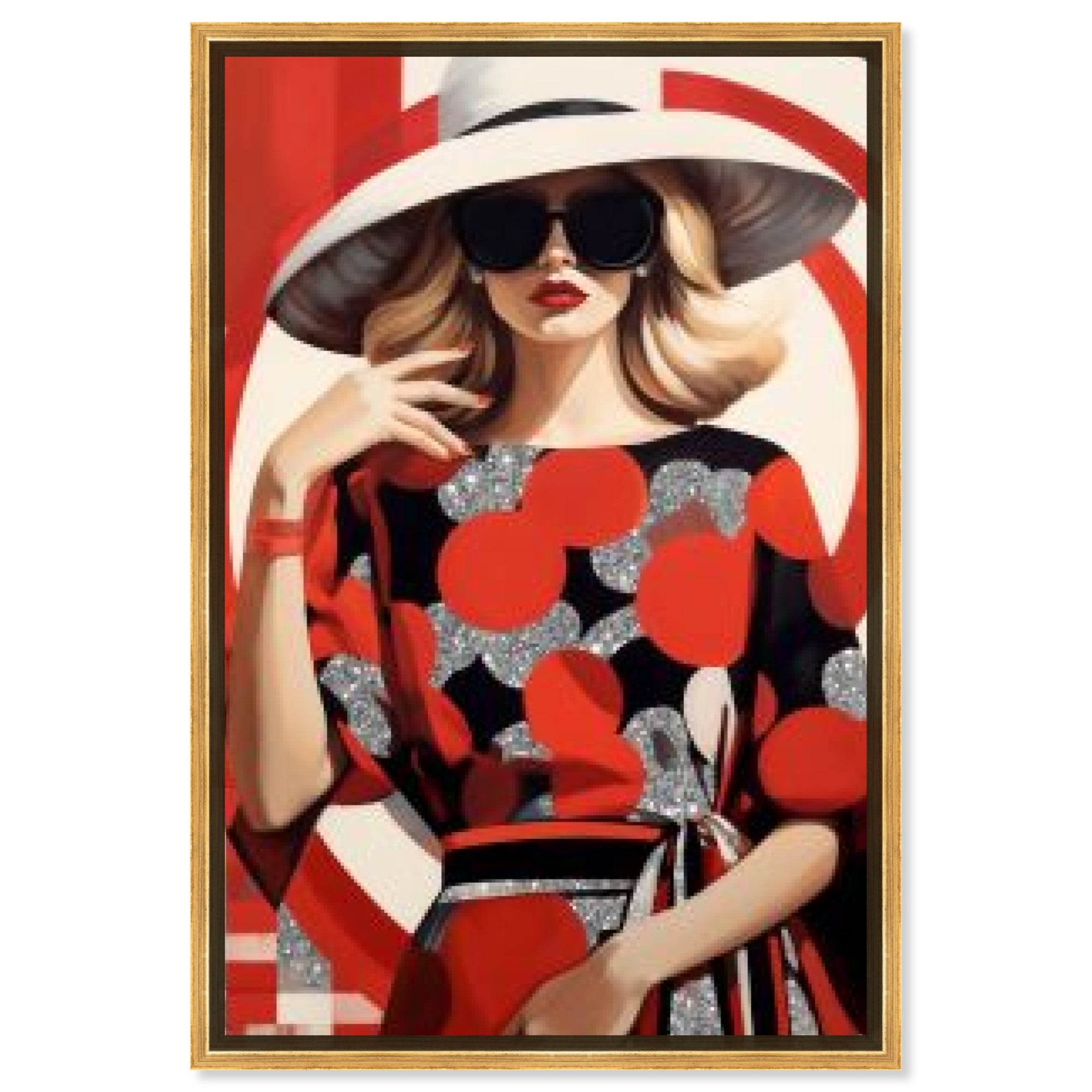 Retro Red and Black Canvas Art with Gold Frame, 16" x 24"