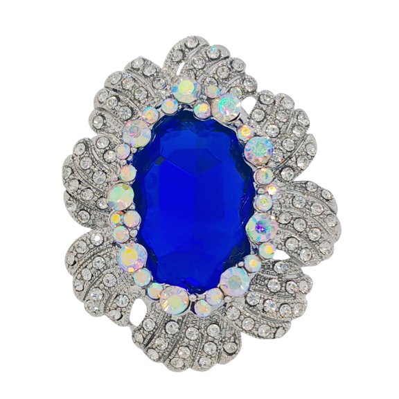 Stunning Iridescent Crystal Surrounded Blue Oval Flower Brooches Pins Costume Jewelry