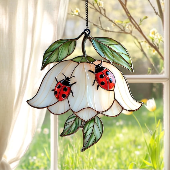 Stunning Ladybug on White Flower Faux Acrylic Suncatcher 2D FLAT Ornament, Ladybug Acrylic Art Decor, Perfect Gift for Ladybug Lovers