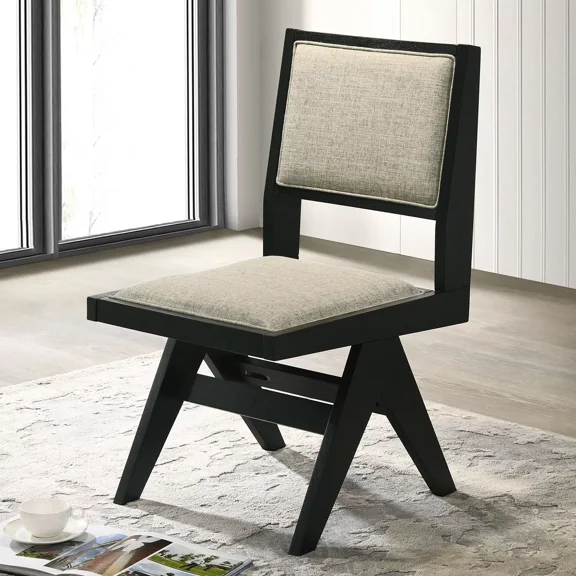 Stunning Look Black Color Wooden Side Chairs Light Gray Upholstered Chairs Dining Room 4pc Chair Set