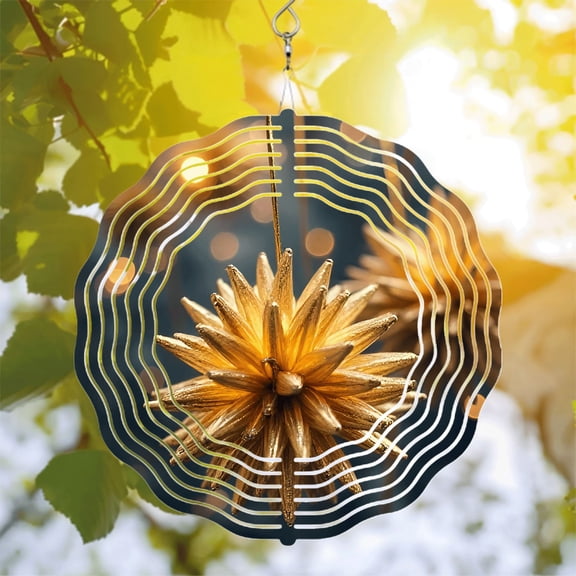 Stunning Metal Hanging Wind Spinner - Design with Concentric White Lines Perfect for Yard & Garden Decor Festive Bokeh Effect