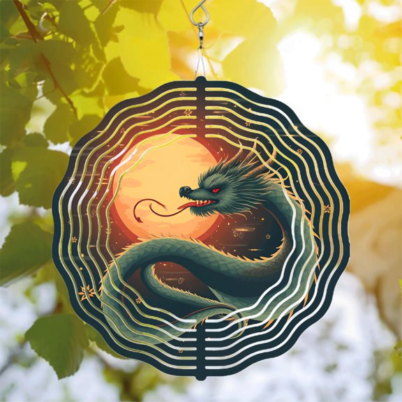 Stunning Metal Hanging Wind Spinner - Dragon Design with Glowing Moon & Celestial Elements for Yard & Garden Decor