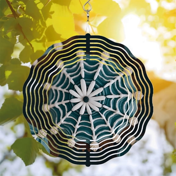 Stunning Metal Hanging Wind Spinner - Flower - like Spider Web Design with White Petals & Dark Blue Waves for Yard & Garden Decor