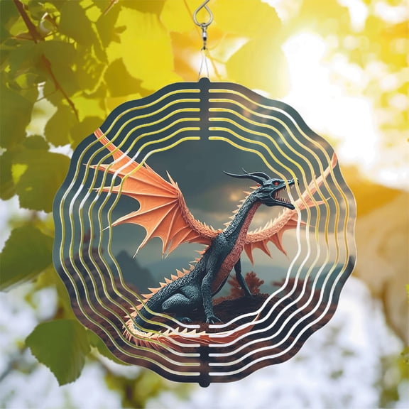 Stunning Metal Hanging Wind Spinner with Dragon Design - Dark Blue Scales & Orange Wings - Perfect for Yard & Garden Decor