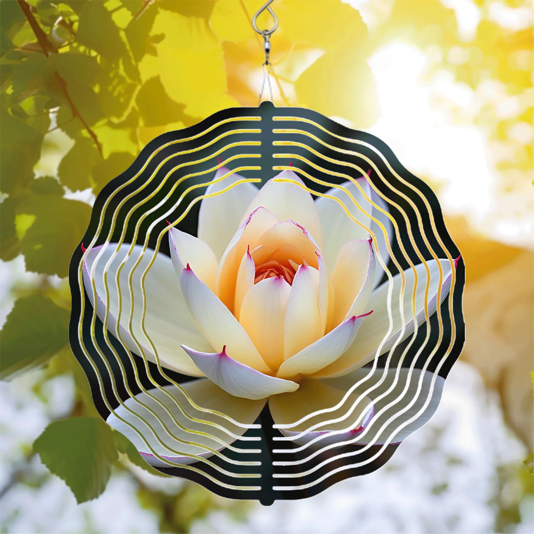 Stunning Metal Hanging Wind Spinner with Flower Design & Concentric ...