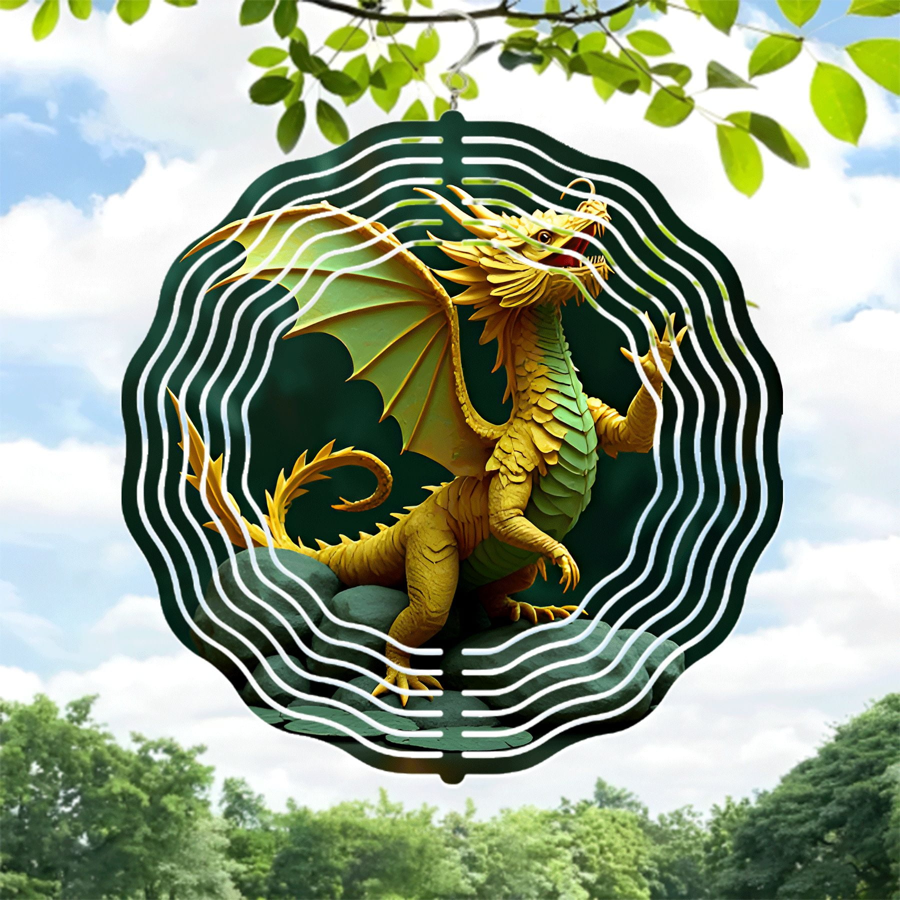Stunning Metal Hanging Wind Spinner with Golden Dragon Design & Green ...