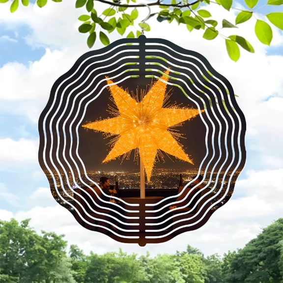 Stunning Metal Hanging Wind Spinners - Illuminated Star Design with Concentric Waves - Perfect for Yard & Garden Decor