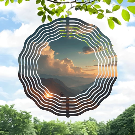 Stunning Metal Hanging Wind Spinners with Concentric Circular Patterns - Perfect for Yard & Garden Decor Captivating Sunset Views
