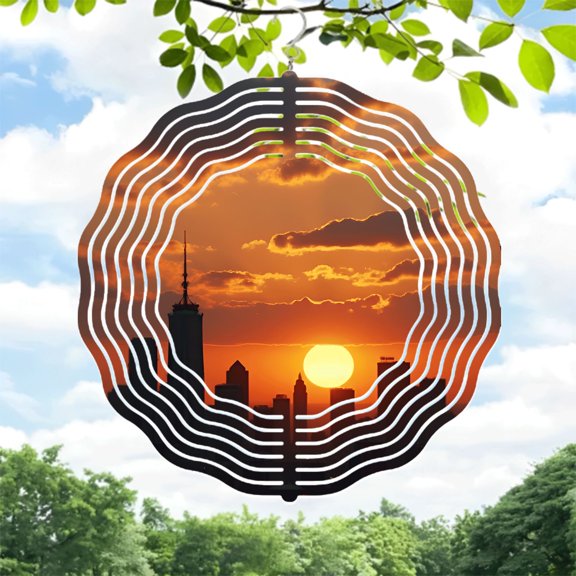 Stunning Metal Hanging Wind Spinners with Concentric Circular Patterns - Perfect for Yard and Garden Decor Captivating Sunset Vibes
