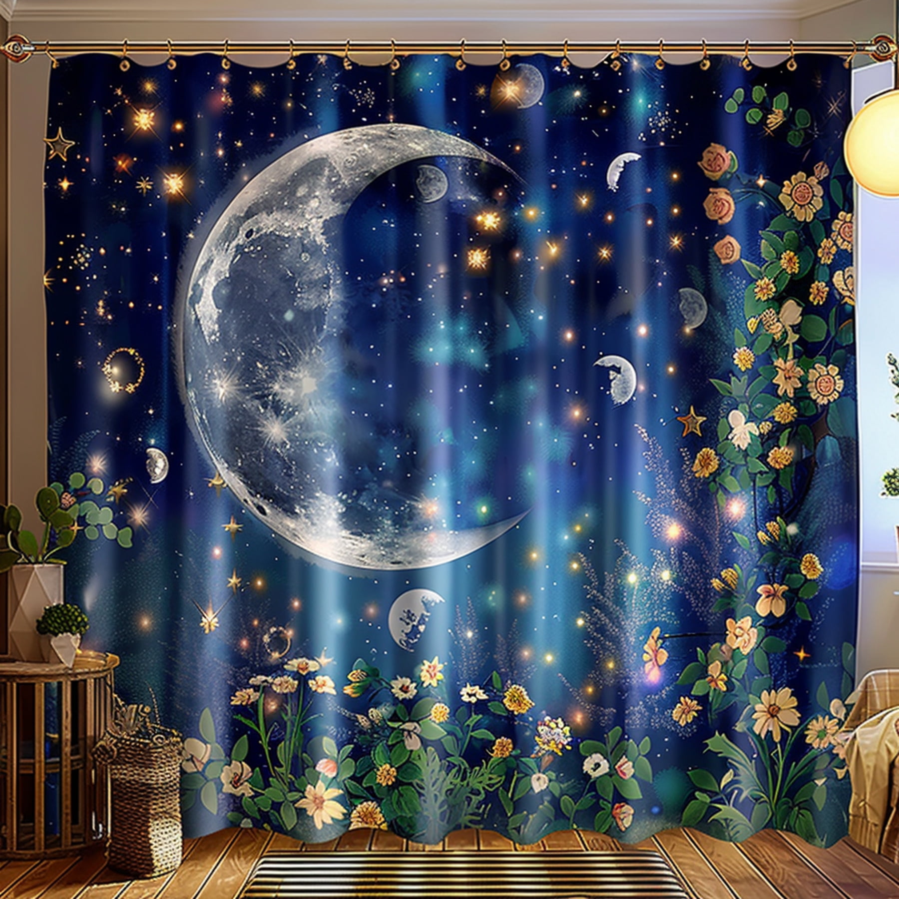 Stunning Moon & Stars Shower Curtain Hyper Realistic Floral Design Blue