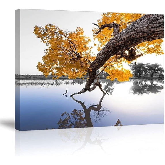 Stunning Nature Scenery Wall Art for Bedroom,Yellow Tree Landscape Painting Print Artwork Decor,Elegant Nature Plant Bathed in Sunlight,Bracket Fixed Canvas Wall Art Ready to Hang,Inner Frame(12x16)