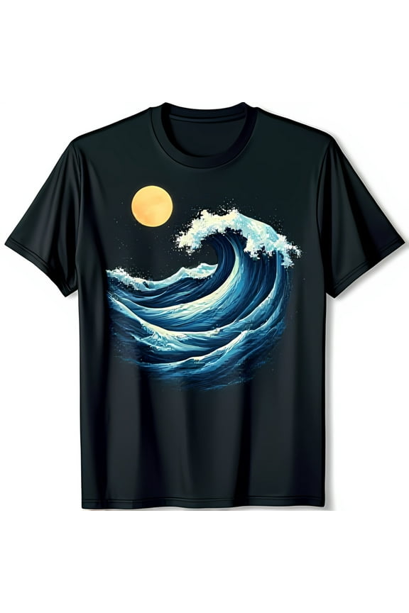 Stunning Ocean Wave T-Shirt Blue Wave & Bright Moon Design on Black Tee