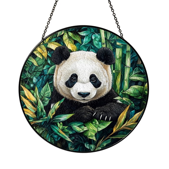 Stunning Panda Stained Glass Panel – Circular Window Hanging with Green and Yellow Foliage Design, Home Accent