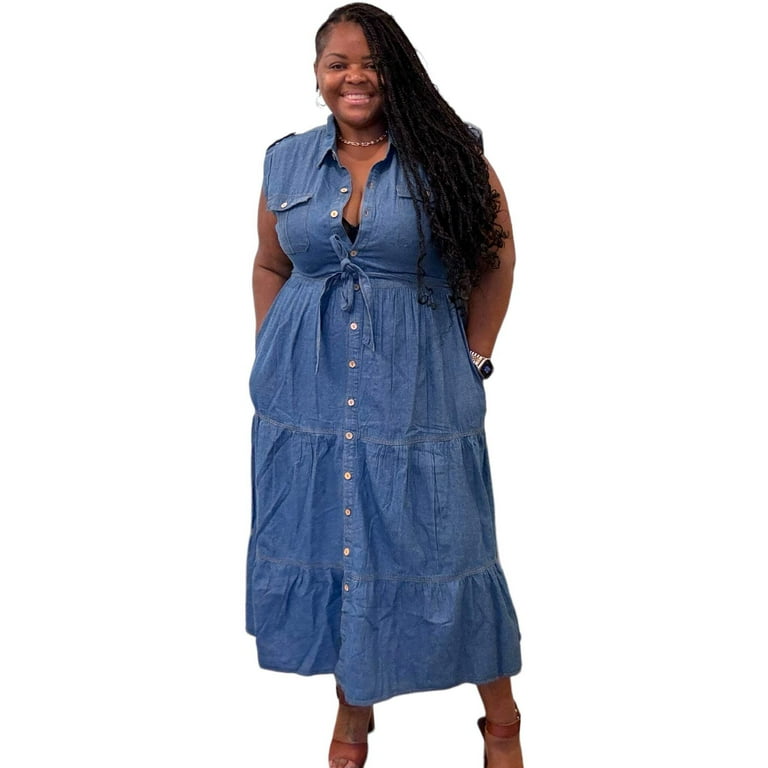 chinese dress ladies Full Size Button-Down Maxi Denim Dress Plus Size Black / 5XL