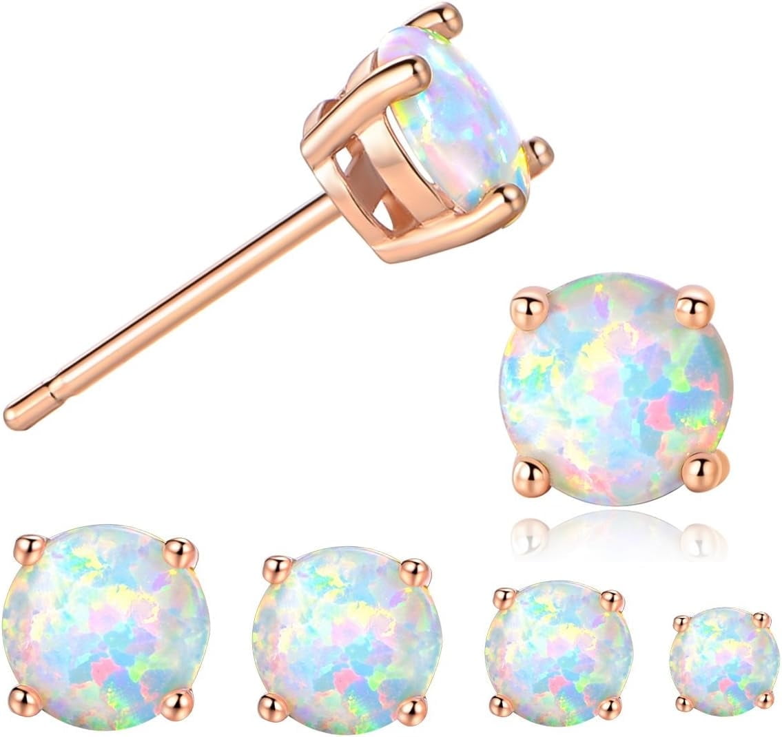 Stunning Rose Gold Plated Opal Studs, 18K Rose Gold Plated Opal Stud Earrings 6MM Round For Women