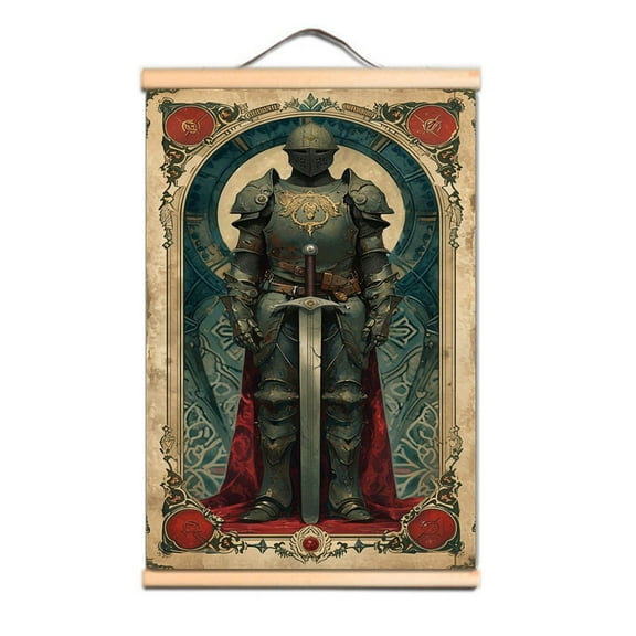 Stunning Scroll Painting of a Templar Knight, Vintage Crusader Warrior Wall Art Poster,Multicolor,23.5X35.4 inches