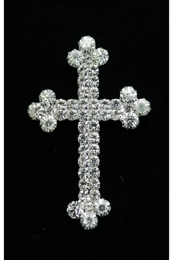 Stunning Silver and Gold Tone Crystal Rhinestone Christian Budded Cross Brooch Pin, Religious Cross Jewelry