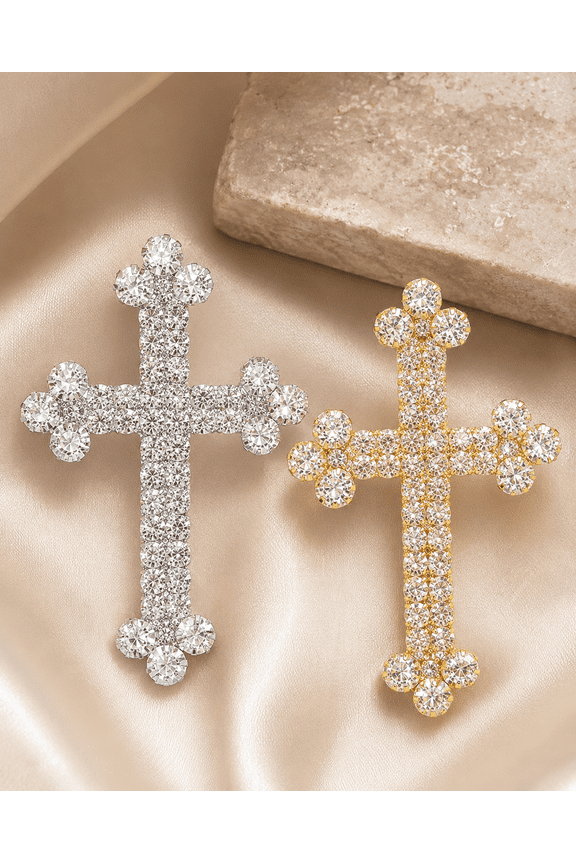 Silver and Gold Tone Crystal Rhinestone Budded Cross Brooch Pin