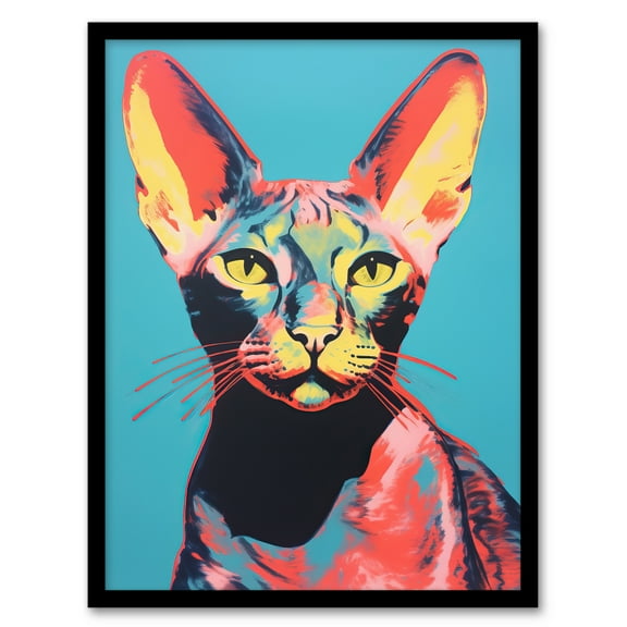 Stunning Sphynx Cat Portrait Teal And Yellow On Blue Screen Print Risograph Artwork Spot Block Colour Duotone Retro Riso Interior Design Art Print Framed Poster Wall Decor 12x16 inch