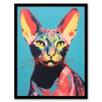 Stunning Sphynx Cat Portrait Teal And Yellow On Blue Screen Print Risograph Artwork Spot Block Colour Duotone Retro Riso Interior Design Art Print Framed Poster Wall Decor 12x16 inch