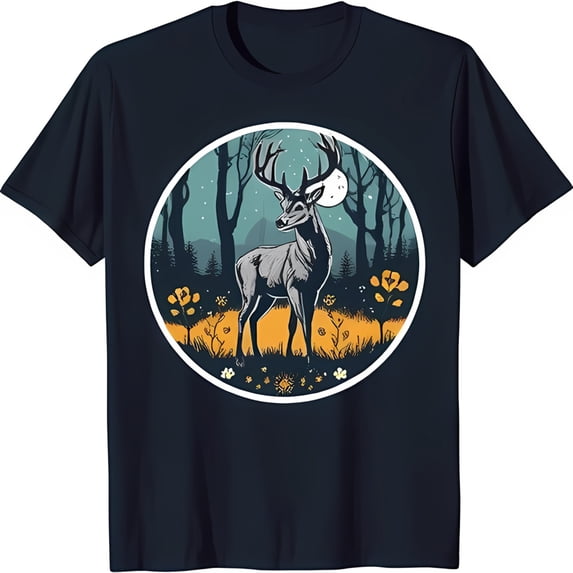Stunning Stag Graphic Tee Moonlit Forest Design on Classic Black T-Shirt