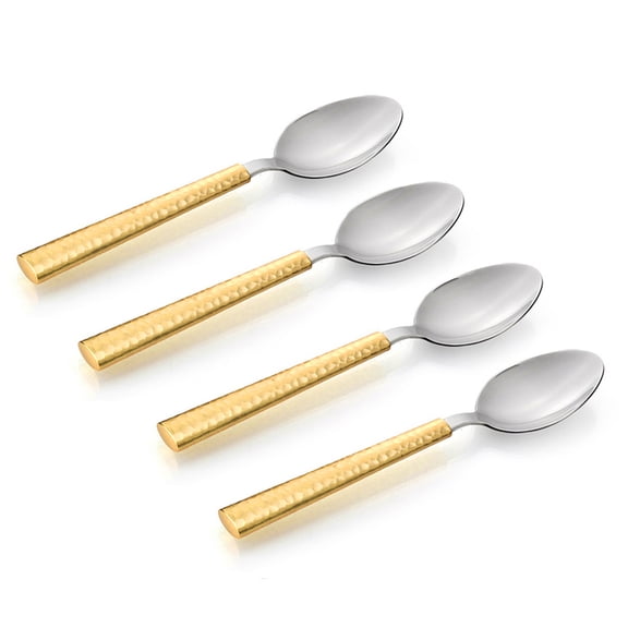 Stunning Stainless Steel Desert / Tea Spoon 4 Piece Set in Two Tone Gold Hammered Design