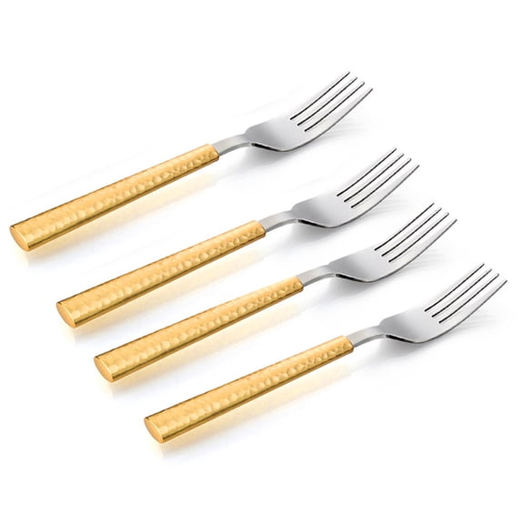 Stunning Stainless Steel Fruit Fork 4 Piece Set in Two Tone Gold Hammered Design