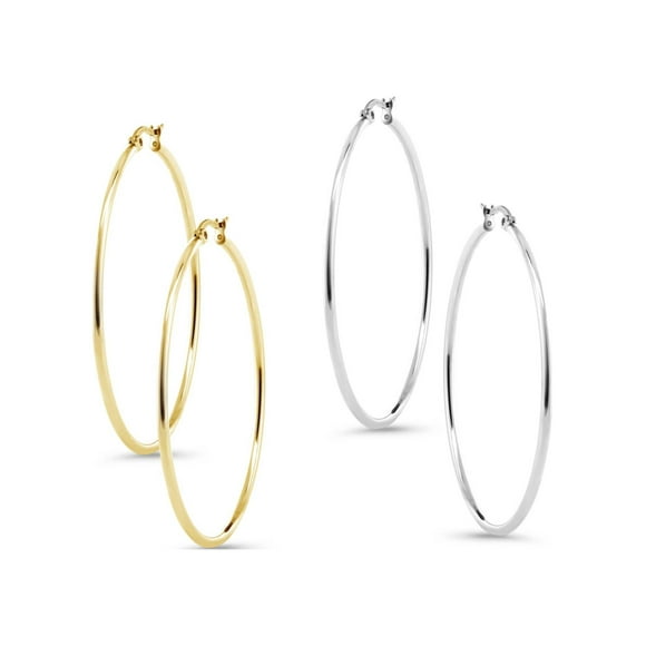 Stunning Stainless Steel Hoop Earrings Two-Pair Set in Silver and Gold, 50mm Diameter