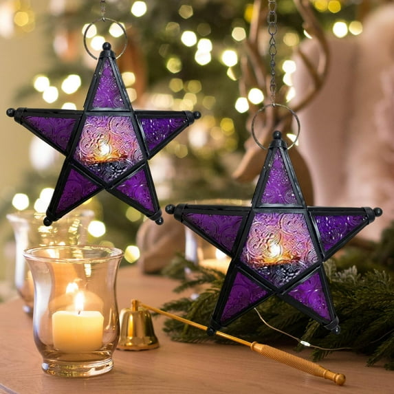 Stunning Star Glass Votive Tea Light Candle Holder Hanging Lighting Lantern Wedding Birthday Party Home Garden Decoration (Purple)