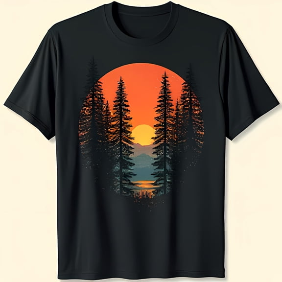 Stunning Sunset Graphic Black T-Shirt with Mountain and Tree