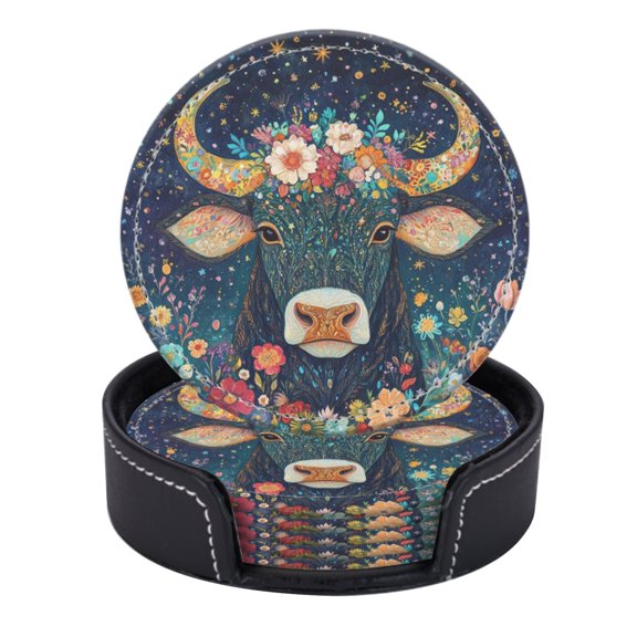 PU Leather Coasters for Drinks Bar Beer,Set of 6 with Holder,Round Housewarming Gift,Stunning Taurus Zodiac Sign Circular Design With Floral And Boho Elements