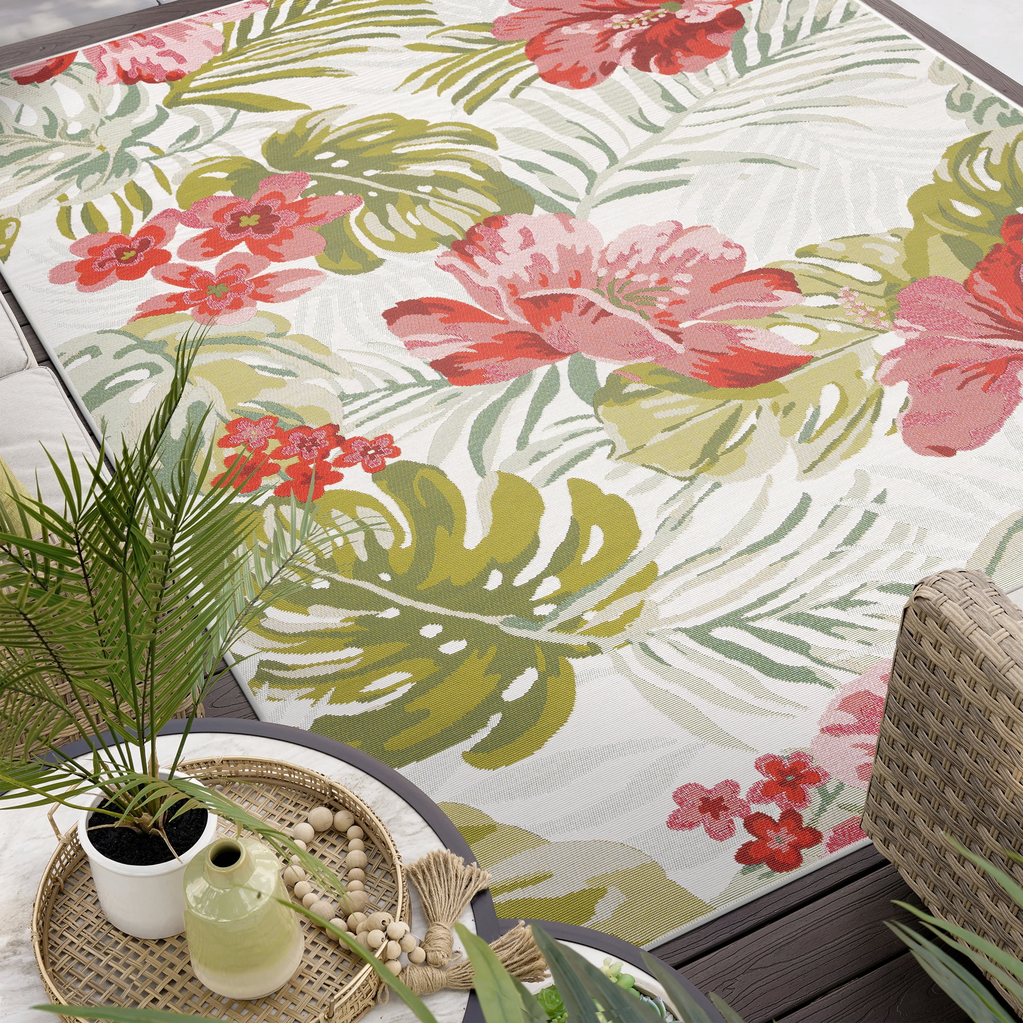 Stunning Transitional 9' x 12' Cream and Pink Polypropylene Outdoor Area Rug