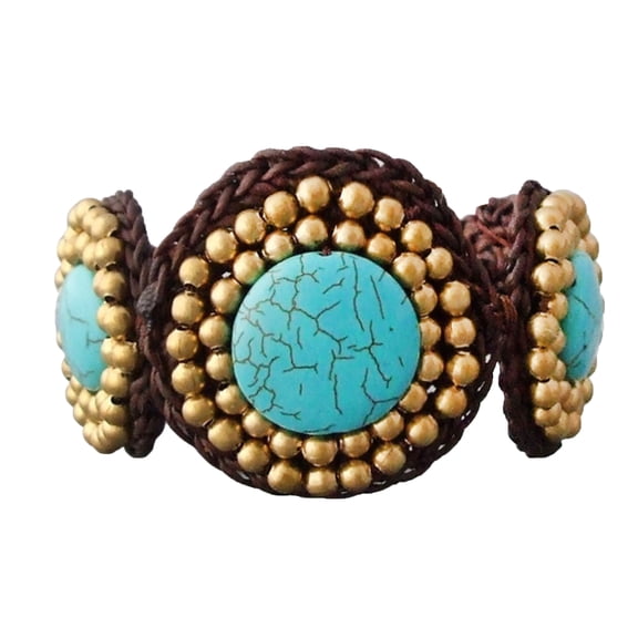 Stunning Turquoise & Brass on Cotton Rope Discs Pull Slide Bracelet