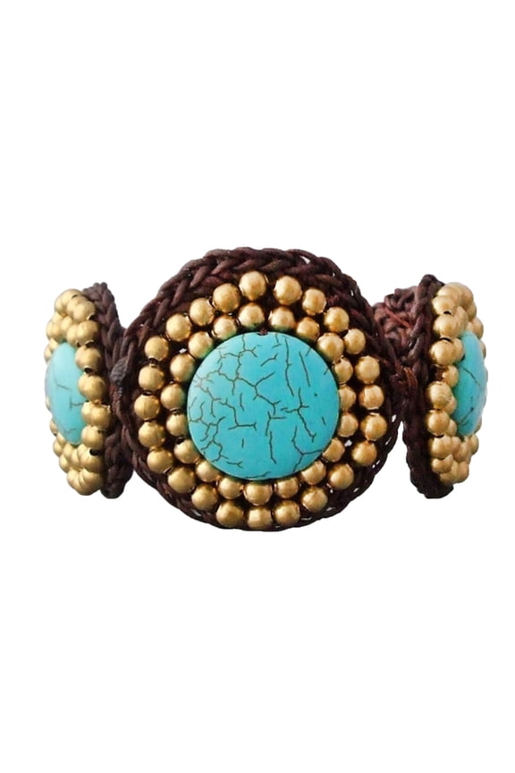 Stunning Turquoise & Brass on Cotton Rope Discs Pull Slide Bracelet