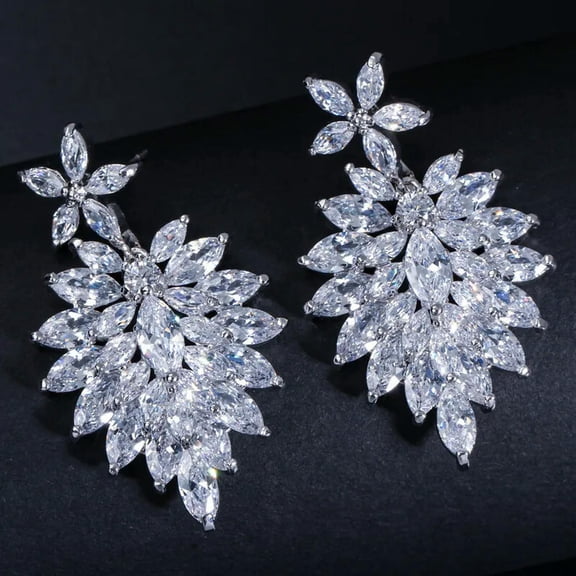 Stunning White Cubic Zirconia Leaf Shaped Dangle Drop Earring Silver Plated Gift