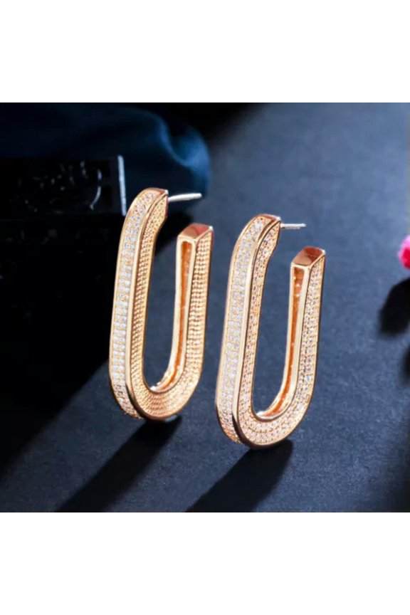 Stunning White Geometric Half Round CZ Heavy Bridal Banquet Crystal Hoop Earring