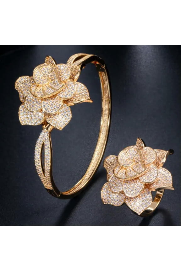 Stunning White Gold Heart CZ Flower Cuff Bangle Ring Bridal Costume Jewelry Sets