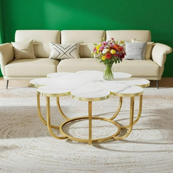 Stunning White & Gold Rattan Floral Coffee Table - 1M Diameter, 50cm Height - Modern Marble Top, Durable Metal Frame, Scratch-Resistant, Adjustable Feet for Living Rooms & Offices