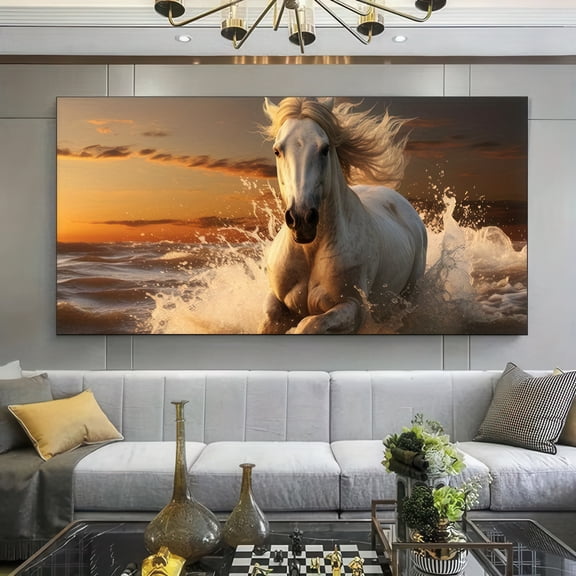 Stunning White Horse Running Through Ocean Waves at Sunset Framed Canvas Wall Art 48x24 Inch Modern Home Decor for Living Room Bedroom Office