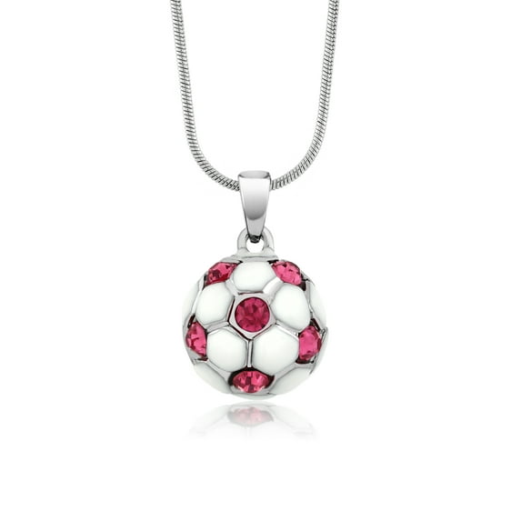 Gem Stone King Stunning White Soccer Ball with Pink Crystals Pendant and 16 inch Snake Chain