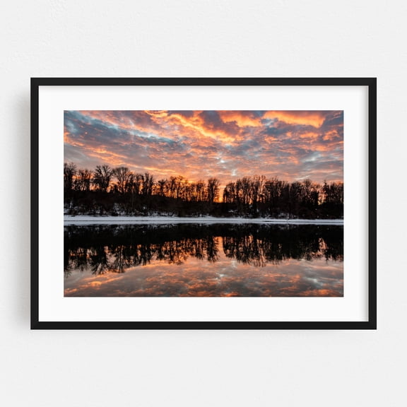 A Stunning Winter Sunset at Lake Marburg - Hanover Pennsylvania Photography Sunset Winter Scenic Landscape Nature Woods Black Framed Wall Art Print 20 x 30 inches