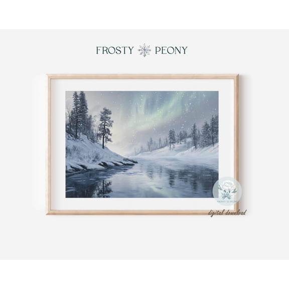 Stunning Winter Wonderland Northern Lights Art Print, Aurora Borealis Snowy River Wall Art, Winter Forest Art, Wall Art, Modern Wall Decor, 12x18 UNFRAMED