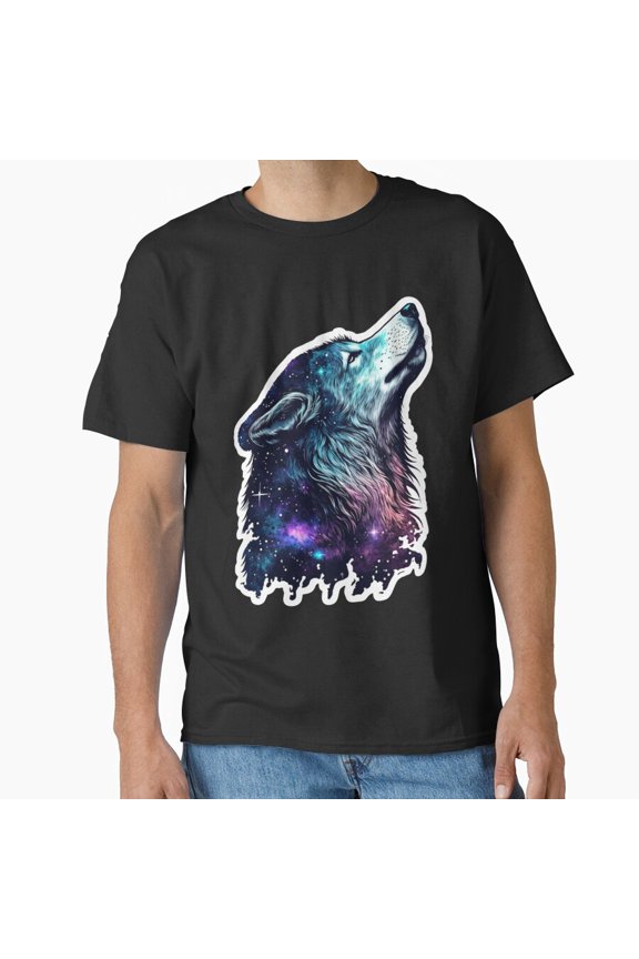 Stunning Wolf Howling Among Stars Celestial Space Illustration Unisex T-Shirt, up to size 5XL