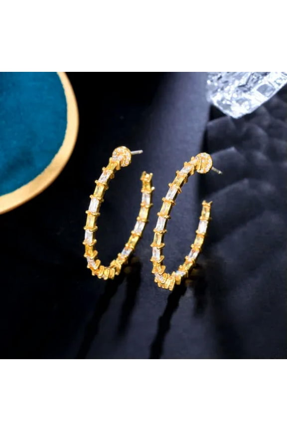 Stunning Yellow Cubic Zirconia Big Loop Circle Baguette Hoop Earrings for Women